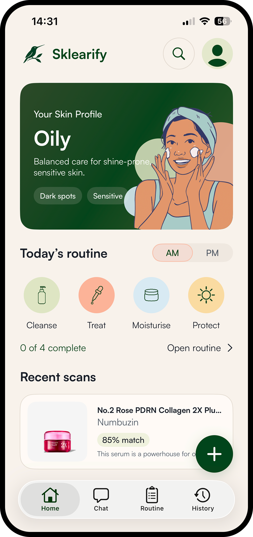 Sklearify home screen with your skin profile, daily routine, and recent product scans