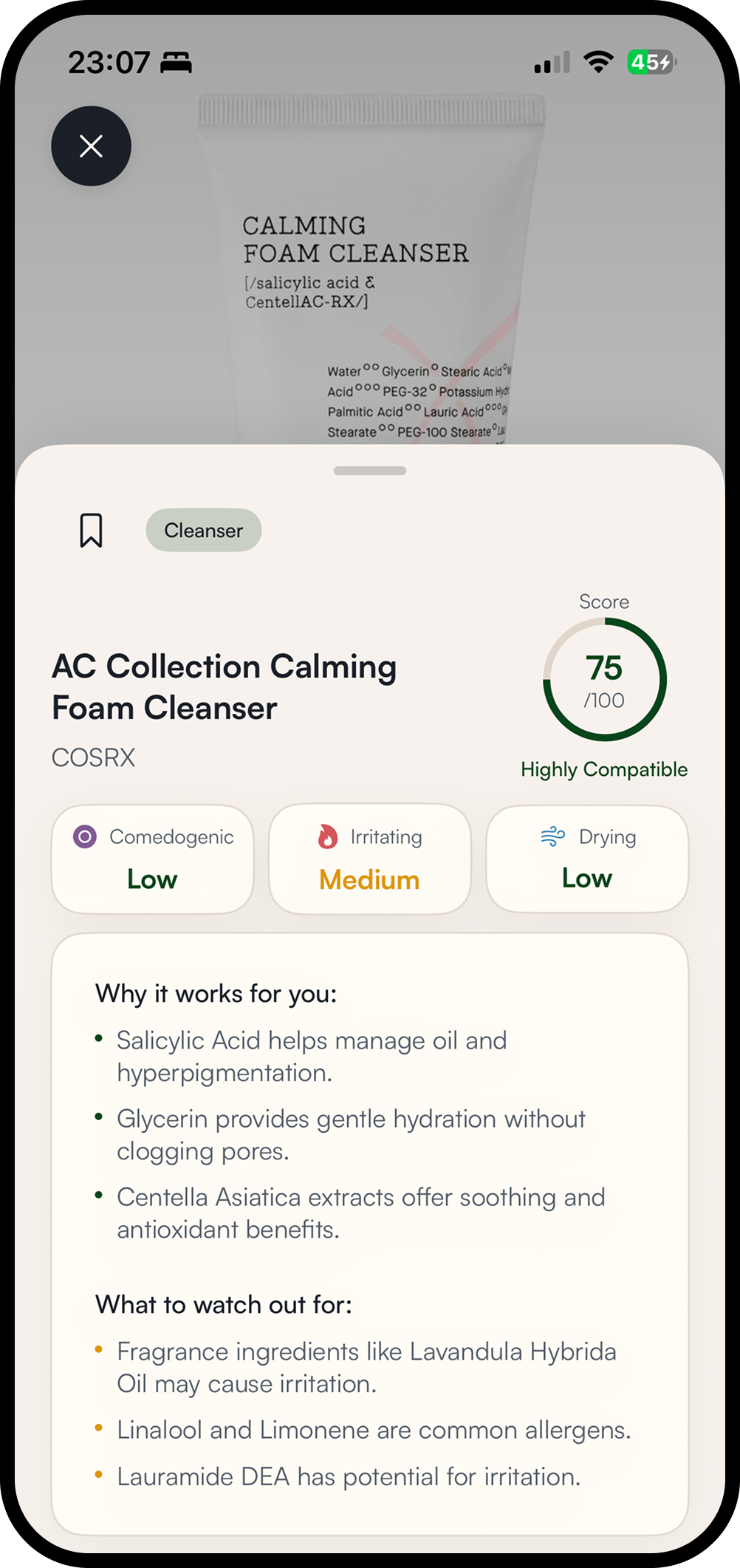 Personalised product analysis with a score of 75, ingredient risks, and recommendations