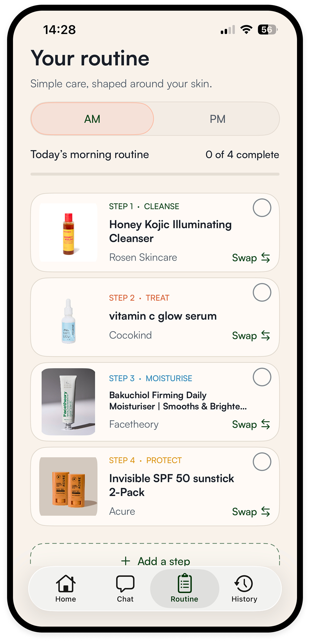 Sklearify’s personalised morning routine with recommended skincare products