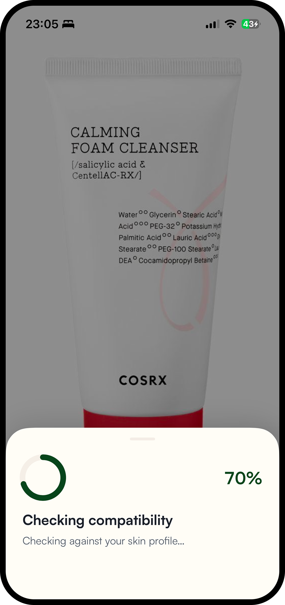 Sklearify checking a product’s compatibility against your skin profile, 70% complete