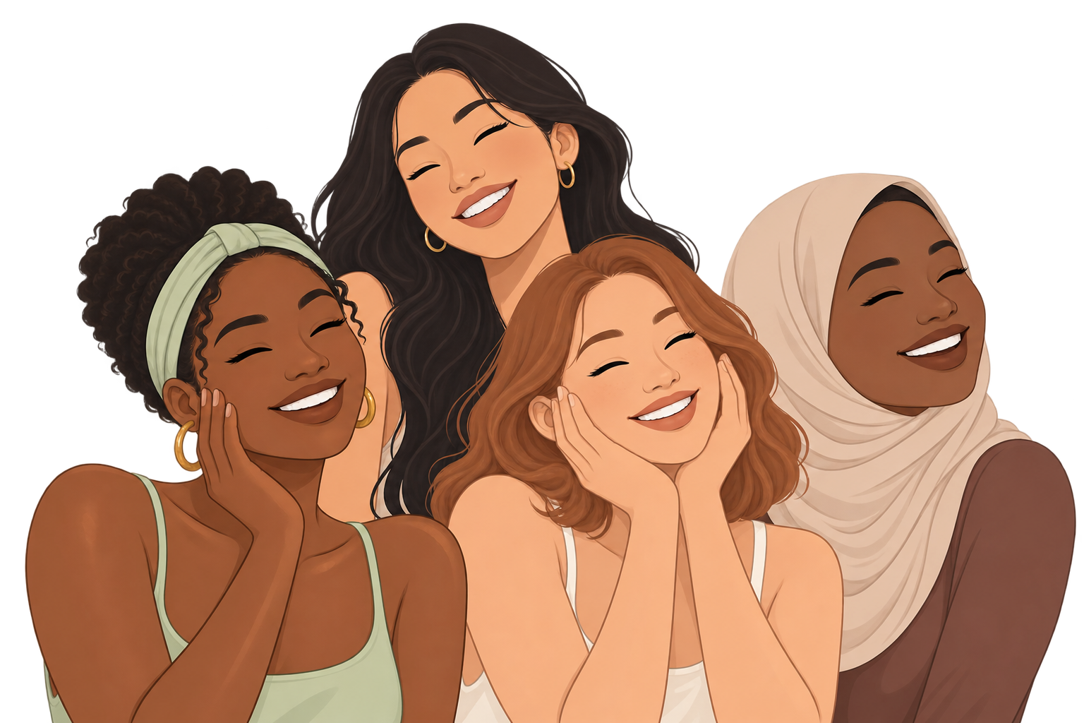 Four women with different skin tones sharing a happy skincare moment